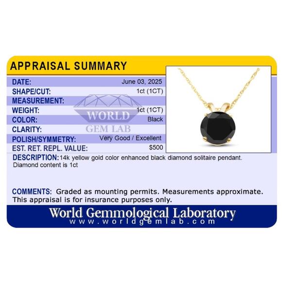 1ct Black Diamond Solitaire Pendant | 14K Yellow Gold NWT - Picture 5 of 5